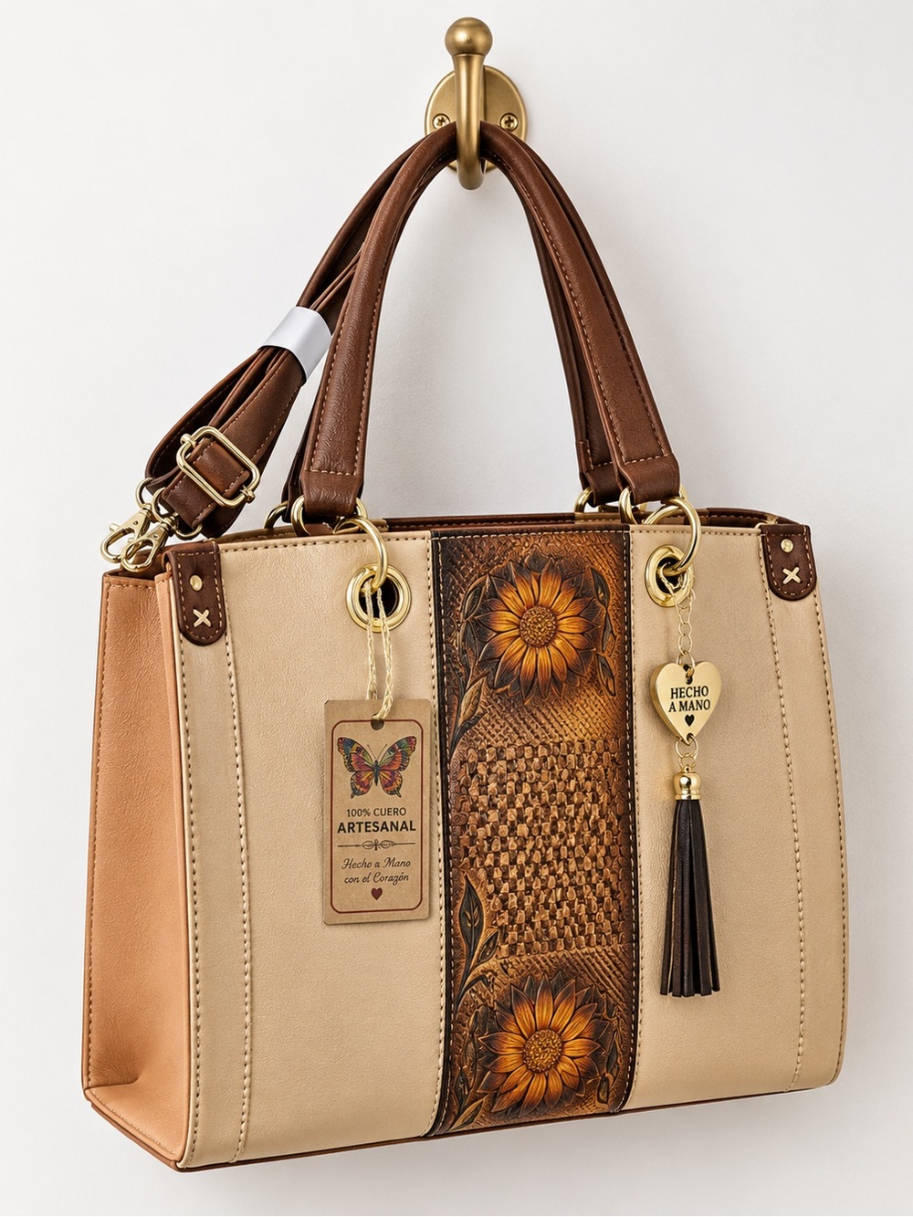 Artisanal Sunflower Embossed Satchel - Brown & Cream